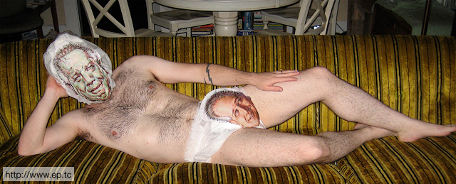 Website operator Ethan Persoff reclines in comfort with his Glenn Beck Diaper Bag Mask and matching Glenn Beck Depends Undergarment